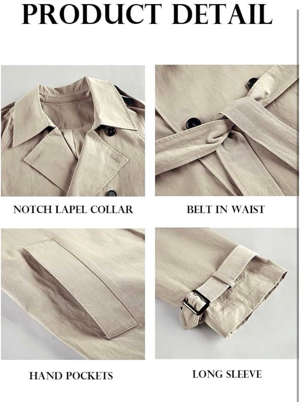Classic Women's Double Breasted Long Trench Coat Khaki Slim Fit - Picture 4 of 7
